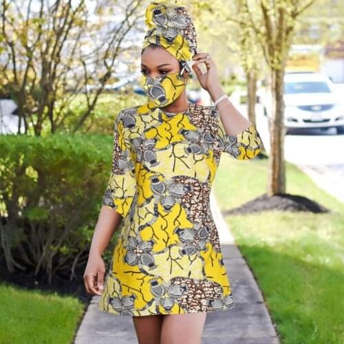 2020 African Print Dress Outfit for Women Dashiki Top Shirts+headwrap+mask Headband Traditional Party Dress Plus Size