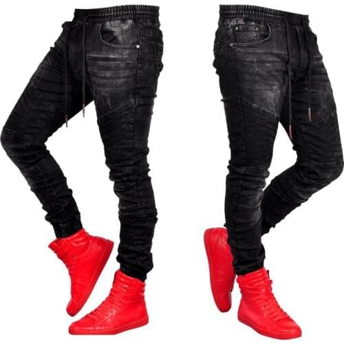 Men Black Jeans Fashion Slim Fit Elastic Waist Jogger Denim Jeans Hombre Casual Loose Hip Hop Denim Pants Pantalones Vaqueros