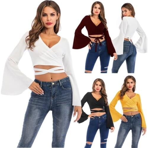 New Style Flared Long Sleeve Sexy V-Neck Expose Navel Women T-Shirt Spring Autumn Solid Color Lace Up Short White Top Plus Size