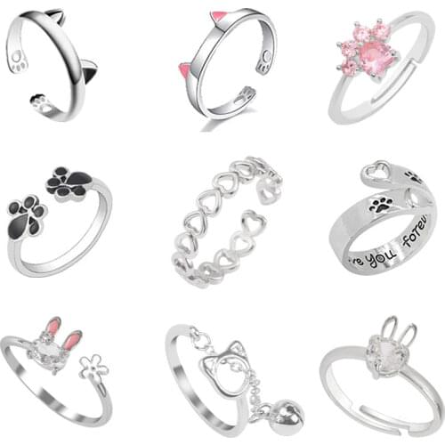 Fashion Pet Cat Footprints Water Drop Ring Simple Angel Wings Opening Adjustable Ring Personality Student Animal Jewelry Gift