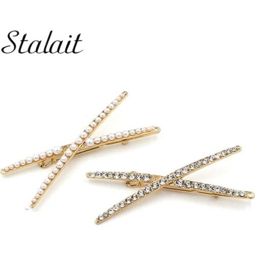 Fashion X Shape Pearl Crystal Cute Hair Clips Korea Style Head Wear Gold Color Alloy For Girl Hair Accessories