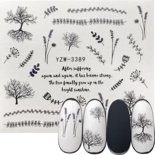 Stickers for Nails Black Tree Grass Letter Water Sliders Manicure Decor Watercolor Nail Art Accessories Cheap Nail Stickers