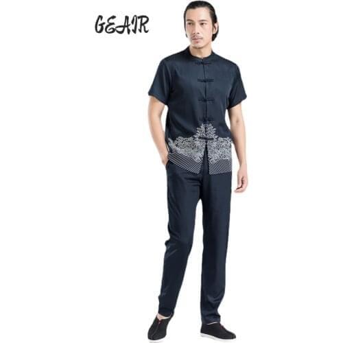 New Black White Mens Luxury Short Set Men Silk Shirt Chinese Style Loose Comfortable Cool Mens Wear Clothes Tai Chi Suit 2021