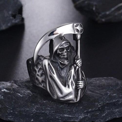 New Retro Death Skull and Sickle Metal Ring Punk Rock Locomotive Trend Jewelry Gift for Men