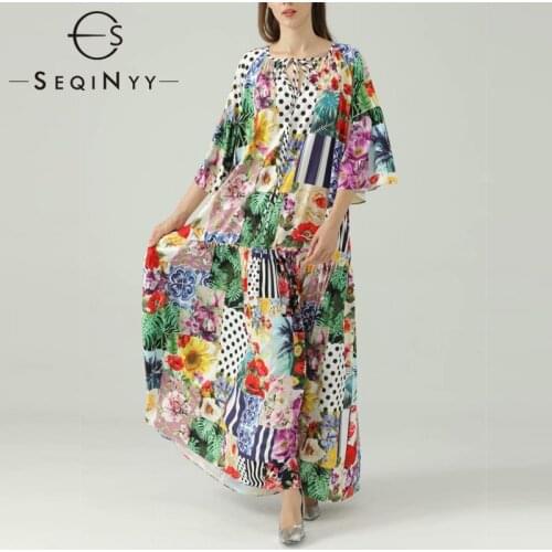SEQINYY Maxi Long Dress Bohemian Sicily Style Fashion Design Summer Spring New Women Runway Dot Flowers Print Loose Elegant
