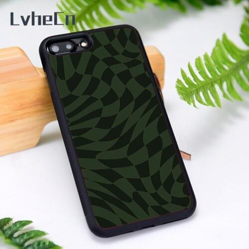 LvheCn Silicone Rubber Phone Case Cover for iPhone 6 6S 7 8 Plus X XS XR 11 12 Mini Pro Max Green and Black Liquid Checkers