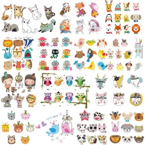 Thermal Stickers Iron On Transfer For Clothes Cat Fox Unicorn Patch Heat Transfer Vinyl Applique Baby T-shirt Cartoon Patch Set
