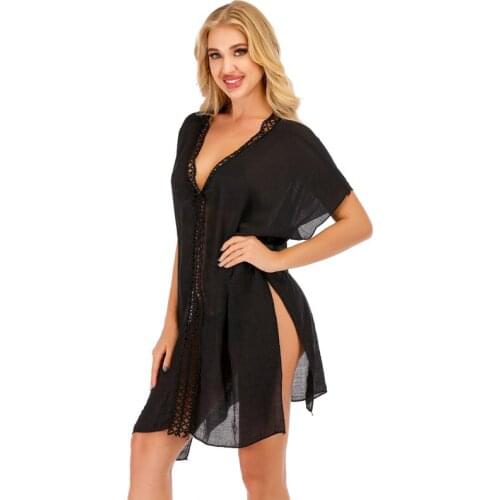 V Neck Summer Womens Beach Dress Cover up Bikini Sun-protective Clothes Hollow Long Dress Short Sleeve Knitted Plus Size