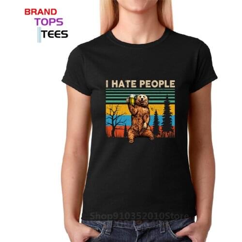 Vintage I Hate People Bear Drinking Beer Funny Bear Camping Gift For Bear Lovers Womens Short Sleeves T-shirts