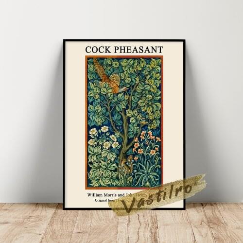 William Morris Museum Exhibition Poster, Morris Cock Pheasant Wall Picture, Vintage Green Plant Animal Prints, Living Room Decor