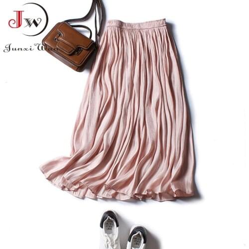 Women Sweet Shiny Silky Soft Pleated Fairy Skirt 2021 Spring And Summer Solid Elastic Hight Waist Elegant Midi Skirts Saia