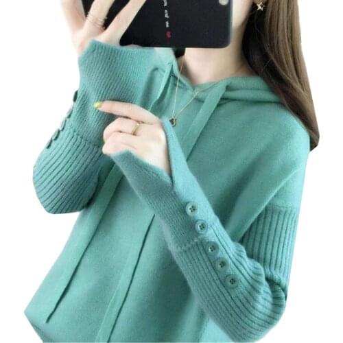 2021 Autumn Korean Loose Hooded Sweater Ladies Long Sleeve Solid Button Student Knitted Pullovers Wild Harajuku Pull Femme G739