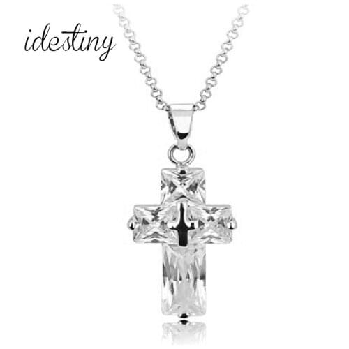 11.11 Elegant Cubic Zircon Cross Necklaces Pendants Silver Color Cross Christian Jesus Jewelery Bijoux For Women Accessories