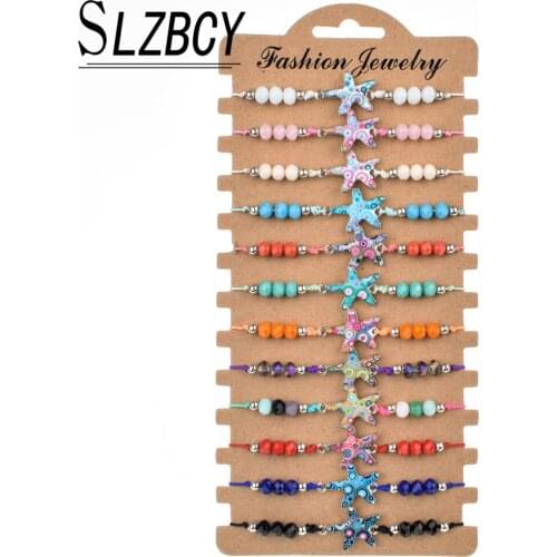 12 pcs/lot Crystal Beads Adjustable Bracelets Sets Starfish Heart Rainbow Charm Bracelet For Women Handmade Color Weave Jewelry