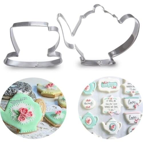2PCS/SET Teapot Tea Cup Set Cookie Cutter Stainless Steel Mouds Metal Fondant Dessert Pastry tools Cake Mould