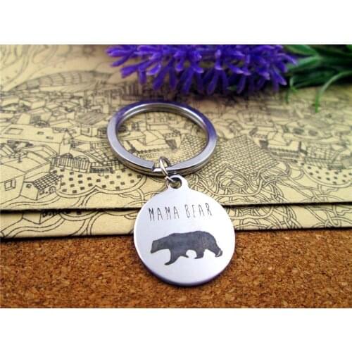 3pcs/lot 28mm stainless steel keyring with 20mm stainless steel circle round "mama bear" charms keyring