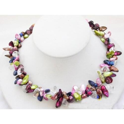 2Rows 19inches Green Purple Pink Biwa Freshwater Cultured Pearl Crystal Jewellery,Perfect Women Chirstmas Gift Jewelry
