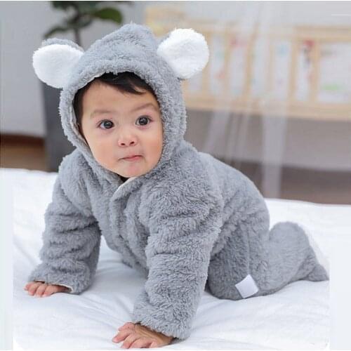 Baby Clothes Romper Newborn Baby Boys Girls Cartoon Bear Ears Winter Warm Fleece Hooded One-peice Romper Jumpsuit