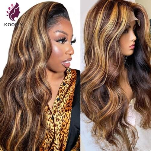 Highlights Brown Blonde Lace Front Human Hair Wig Body Wave Pre Plucked With Baby Hair T Deep Part Lace Wigs Brazilian Remy