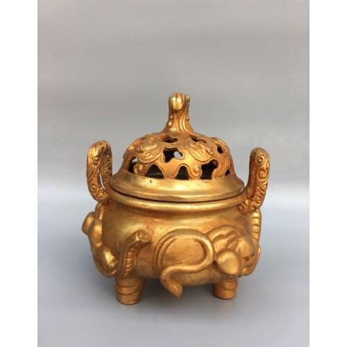 6"Chinese Folk Collection Old Bronze Gilt Elephant statue Binaural Three-legged incense burner Office Ornaments Town House