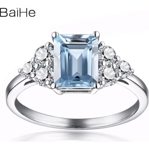 BAIHE Solid 14k White Gold 6x8m Certified Emeral Cut Natural Aquamarine White Topaz Engagement Women Fine Jewelry fashion Ring