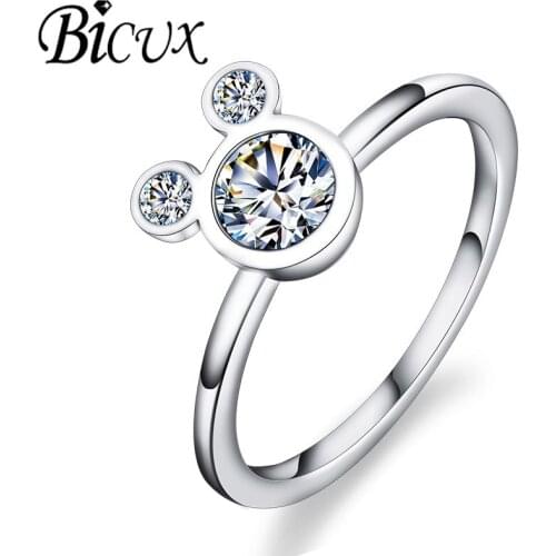 BICUX Fashion Cute Korean Geometric Silver Color Crystal Cubic Zirconia Ring for Women Jewelry Bear Shape Rings wholesale