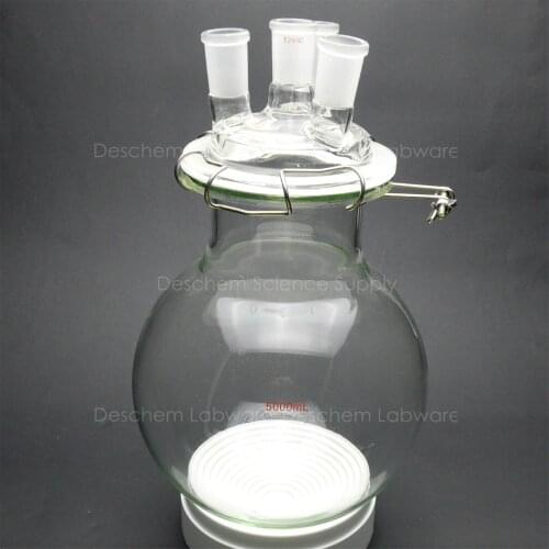 5000ml,Glass Reaction Vessel,5L,24/40,4-Neck,Lab Chemistry Reactor,W/Lid & Clamp