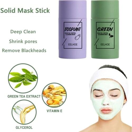 2PCS/SET Green Tea Oil Control Eggplant Acne Clearing Solid Mask Purifying Clay Stick Cleansing Mask Remove Blackhead Mud Mask