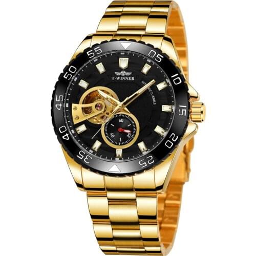 Winner gold and black dial trend luxury automatic mechanical steel belt 4 mens hand watch can rotate multi-hand