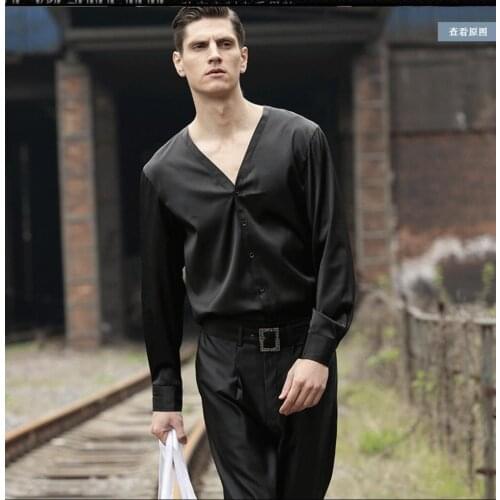 M-3xl Mens Tops Tees Summer Fashion Thin Black Long-sleeved Dress Shirt Slim V-neck Satin Shirts Catwalk Models Singer Costumes