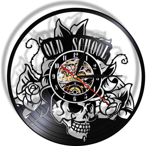 Old School Wall Art Tattoo Studio Design Silent Vinyl Record Wall Clock Skull with Flower Wall Watch Home Decor Hipster Men Gift