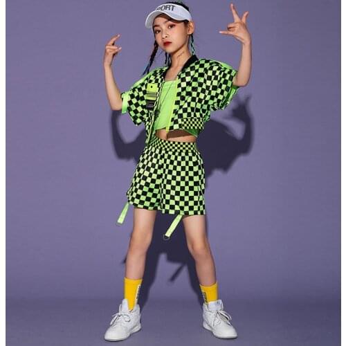 New Children Jazz Hip-Hop Dance Clothes Girls Green Plaid Outfit Tide Catwalk Show Stage Costume Ballroom Dancing Clothes BL6532