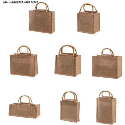 Portable Burlap Jute Shopping Bag Handbag Bamboo Loop Handles Reusable Tote Grocery Bags for Women Girls M68C