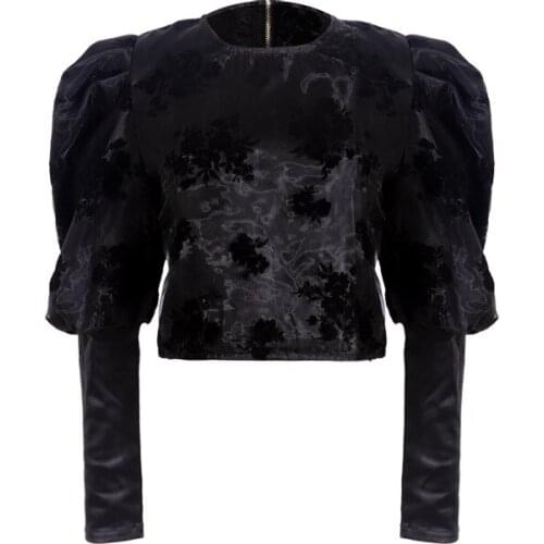 Vintage Shirts For Women Net Yarn Print Back Zipper 0-Neck Lantern Long Sleeve Blouse Spring Casual Streetwear