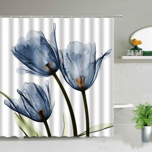 Tulip Flower Shower Curtain Unique Art Decor Gray Flower Black and White Floral Plant Print Polyester Fabric Bathroom Curtains