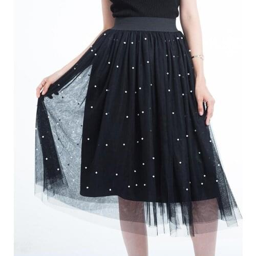 3 Layers Tulle Beading Women Skirts Spring Mesh Tulle Skirt With Bead Tutu Elastic Waist Pleated Skirt