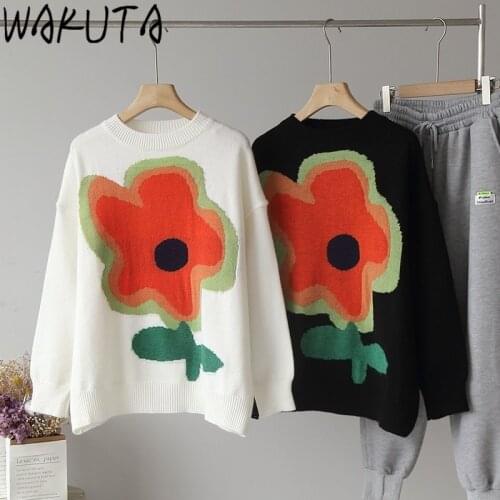 WAKUTA Sweet Floral Pattern Sweater Women Autumn Winter Chic New O Neck Jumper Tops Loose Casual White Black Knitting Pullovers