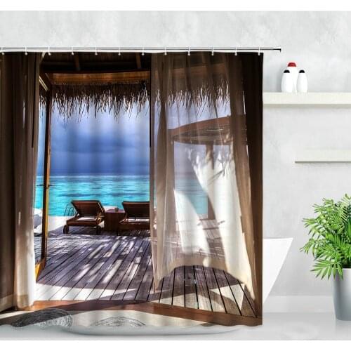 Resort Scenery Shower Curtains Ocean Tropical Plants Trees Swimming Pool 3D Printed Waterproof Fabric Bathroom Decor Curtain Set