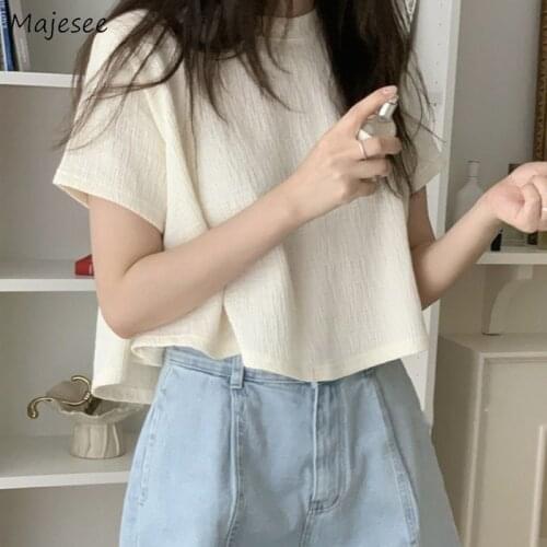 T-shirts Women Baggy Round Neck All-match Casual Simple Chic Solid Minimalist Basic Ulzzang Students Camisetas New Collection