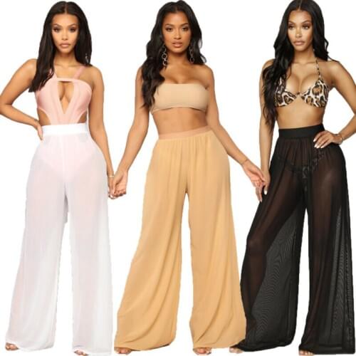 2019 Hot Sale Sexy Women Long Mesh Sheer Pants Beachwear See-Through High Wasit Swimsuit Trunks Loose Pant Wide Leg Trousers
