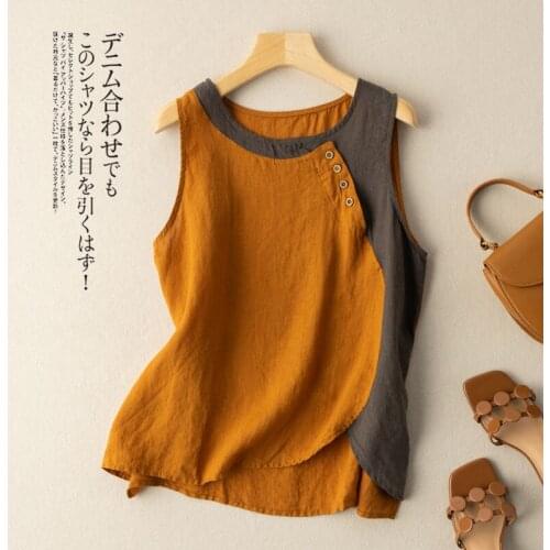 Cotton and linen vest womens plus size 2021 summer new fashion design sense color matching loose casual retro pullover top