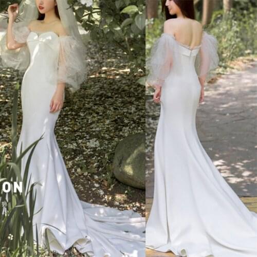 Soft Satin Mermaid Off-Shoulder Puff Sleeve Sexy Vintage Sweep Train Backless Wedding Gown Wedding Dress Bride robe de mariée
