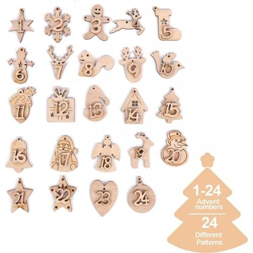 24PCS Christmas Calendar DIY Pendant Wood Decoration Xmas Advent Calendar Hanging Card Christmas Tree Decoration Christmas Craft