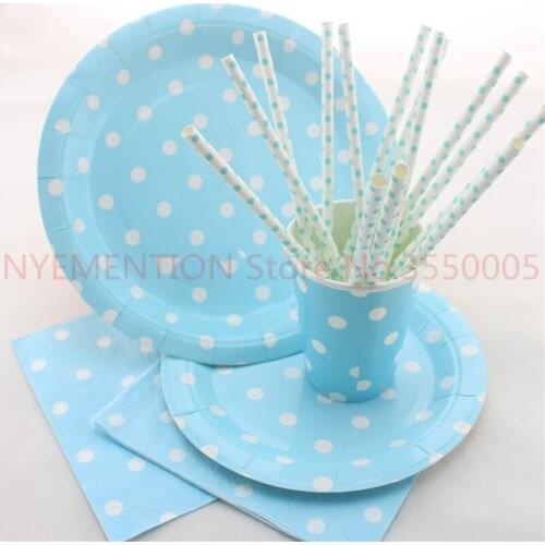 300 Sets Disposable Party Paper Plates Cups Straws Napkins Blue Polka dot Party Tableware
