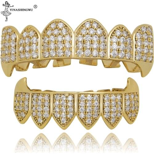Shiny Grillz Top&Bottom Iced Out Vampire Fangs Grillz Gold Teeth Grillz Women And Men Rapper Hip Hop Grills Body Jewelry Party