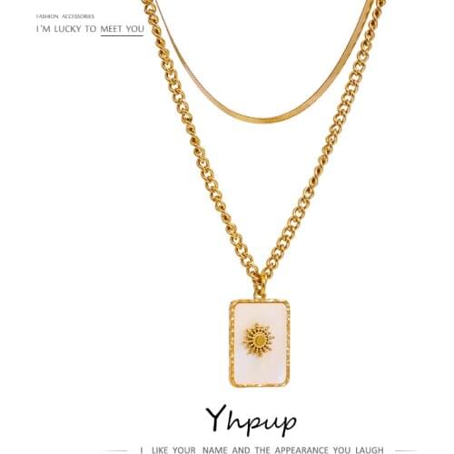 Yhpup Stainless Steel Square Pendant Neckalce Fashion Natural Shell Double Layered Jewelry Collar Necklace бижутерия для женщин