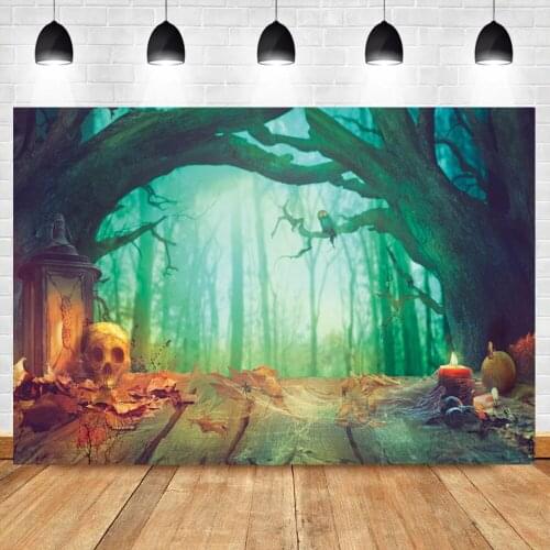 Halloween Autumn Forest Backdrop For Photography Light Bokeh Tree Trunk Skull Wood Floor Scene Family Shoot Photo Background
