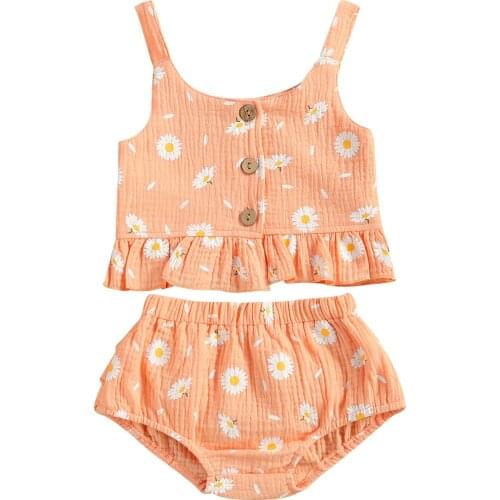 2Pcs Baby Girls Summer Outfits Daisy Print O-Neck Button Tank Tops + Ruffled Shorts Newborn Baby Clothes Set