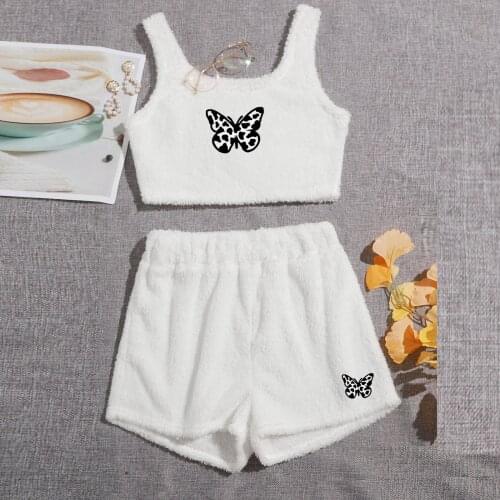 Womens Butterfly Printing Pajama Sets O-neck Pullover Sleeveless Cotton Soft Leisure Vest Crop Tops + Shorts Set Female Suit