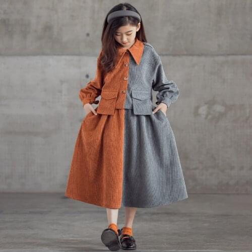 10 12 years Girls Corduroy Coat Suits 2021 Spring Autumn Elegant Swing Skirt Clothes Set for Teenage Girl